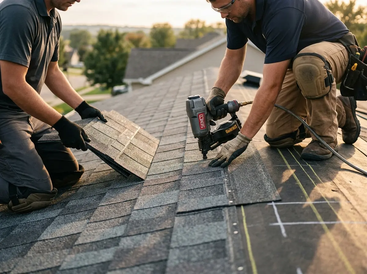 Professional roofer working on a residential roof in Sun City